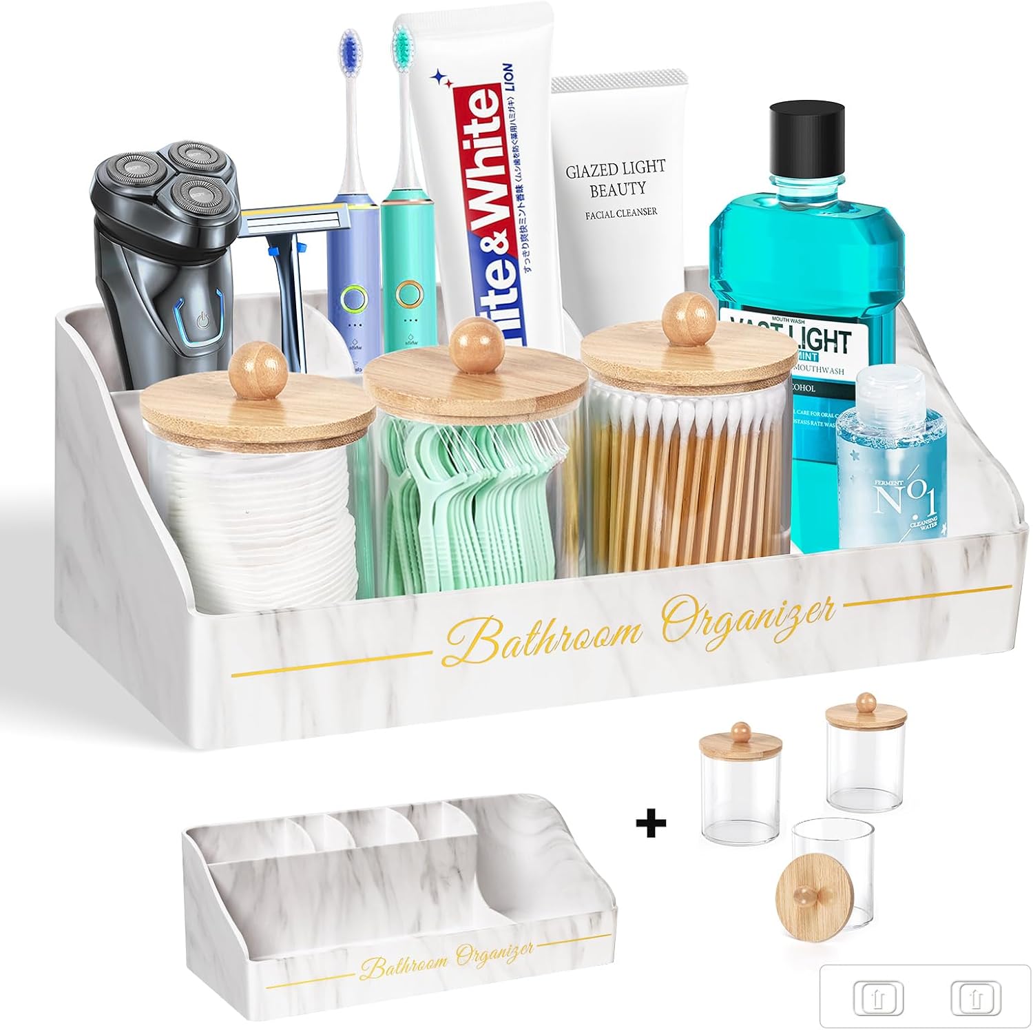 DENSAIL Marble White Bathroom Organizer with 3 Qtip Holders