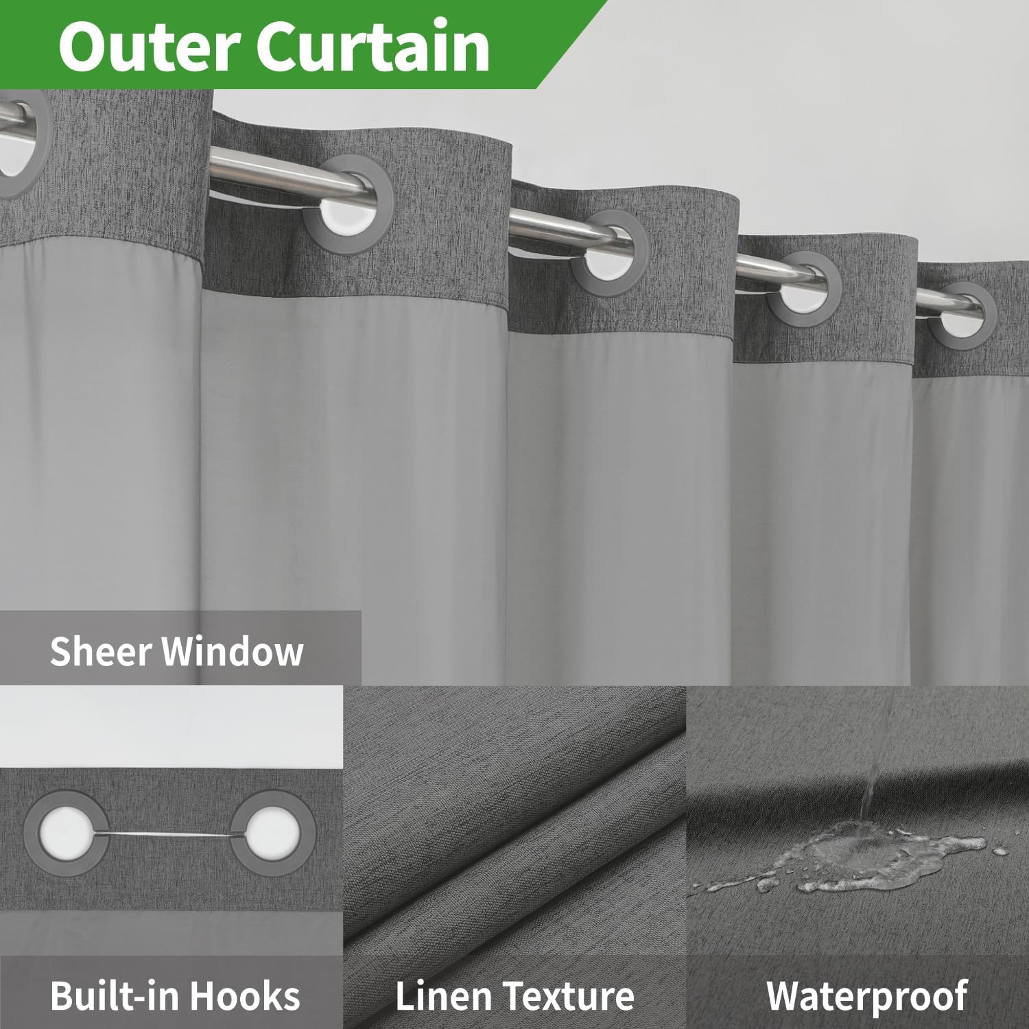 Linen Textured Shower Curtain Set with Snap-in Liner Charcoal Grey