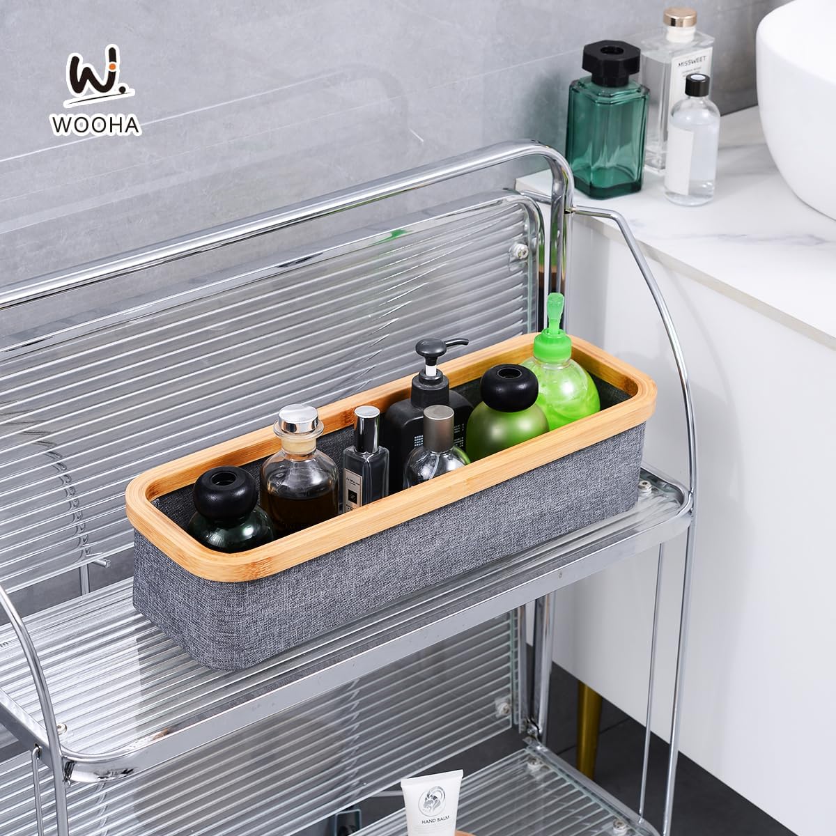 WOOHA Bamboo Toilet Paper Organizer - Collapsible Storage Basket Grey Small 1