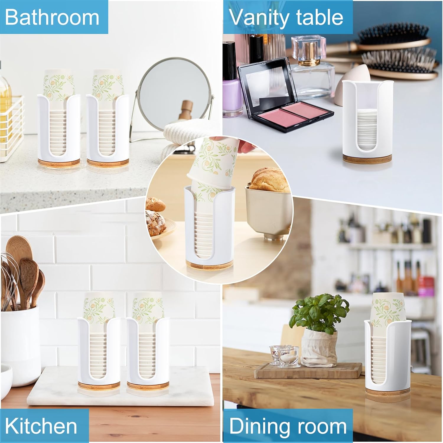 Large Bathroom Cup Dispenser - 2 Pack Plastic Bamboo White