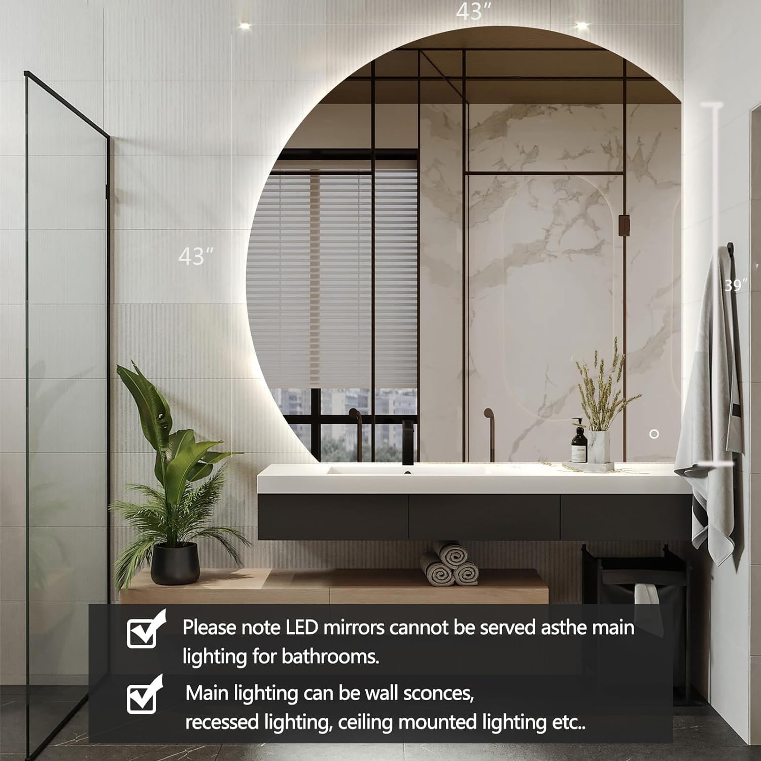 Niccy 43 Inch Half Moon LED Mirror for Bathroom