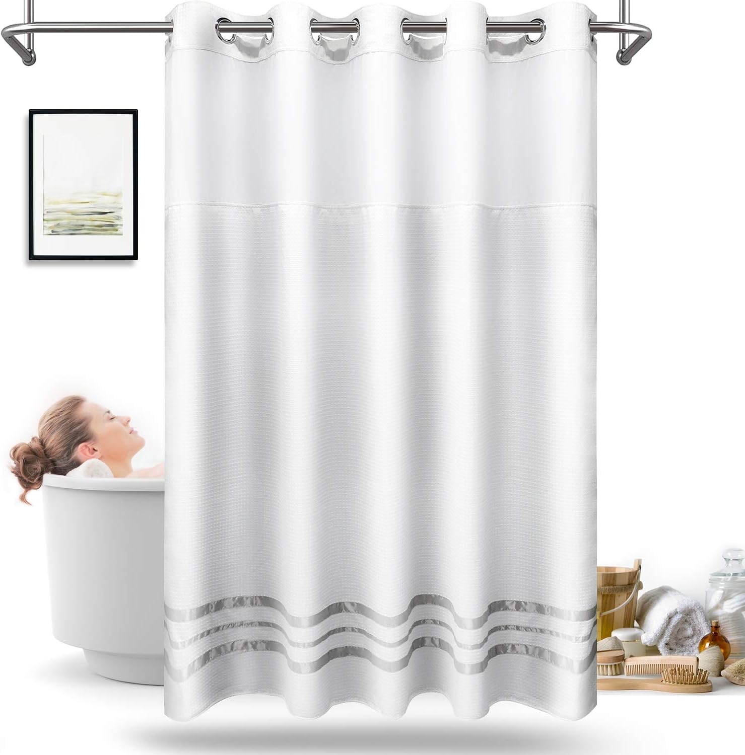 ARICHOMY Waffle Weave Shower Curtain Set 66x74 White