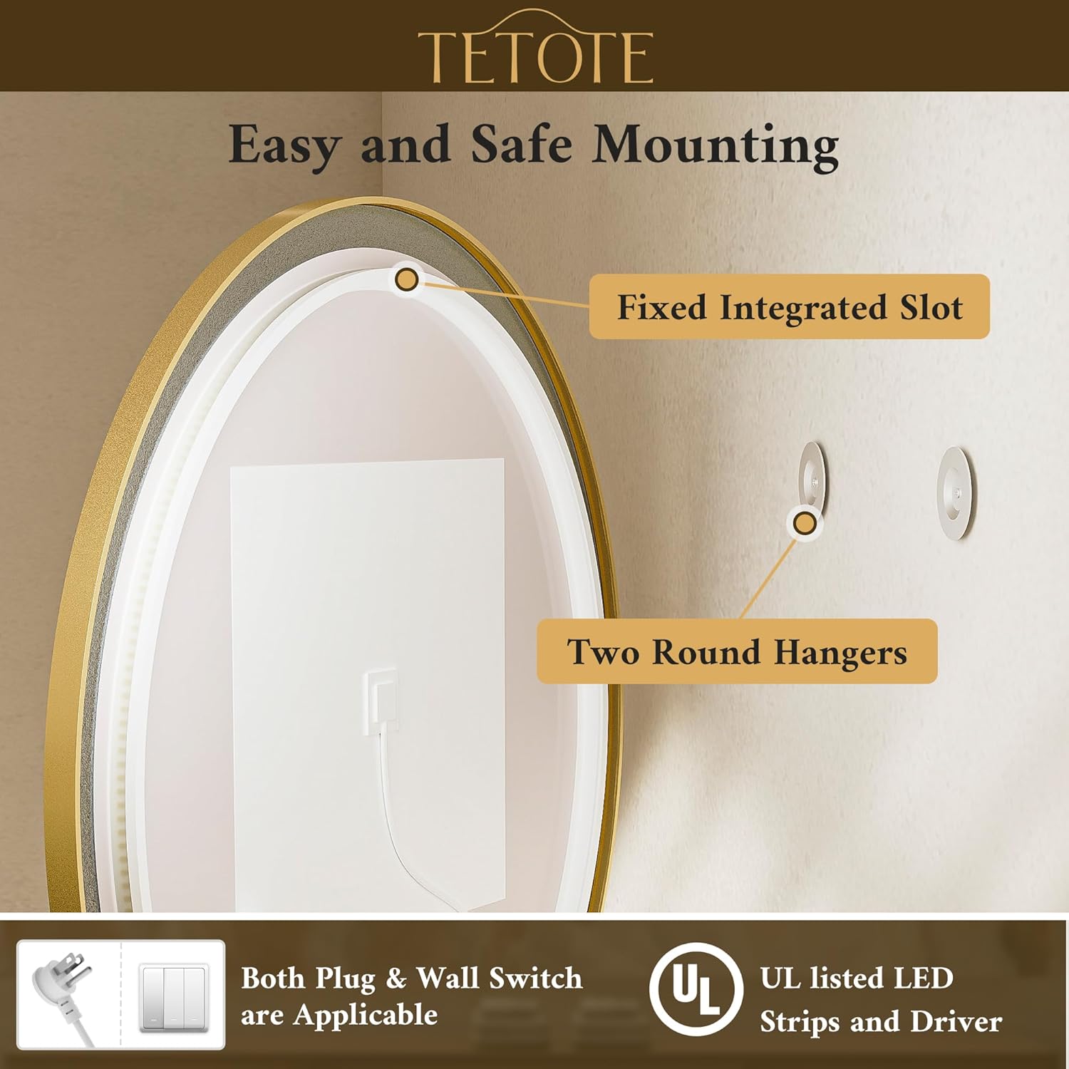 TETOTE 36 Inch Gold Round LED Mirror with Lights and Dimming