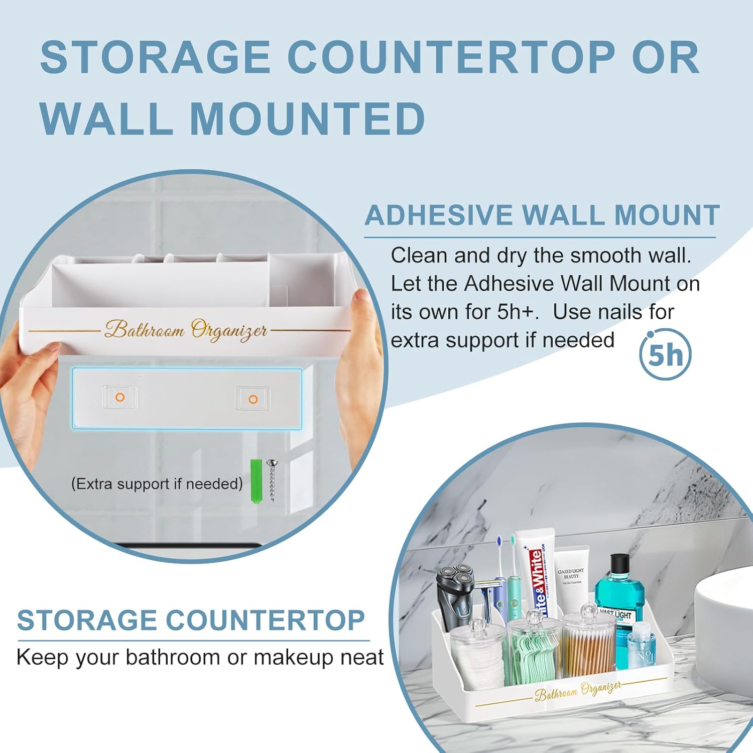 DENSAIL Bathroom Organizer with 3 Qtip Holders and Toothpaste Drainage - White