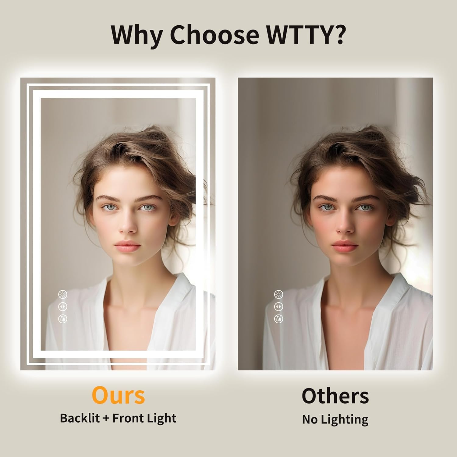 WTTY 24x32 LED Bathroom Mirror with Anti-Fog and Dimmable Lights