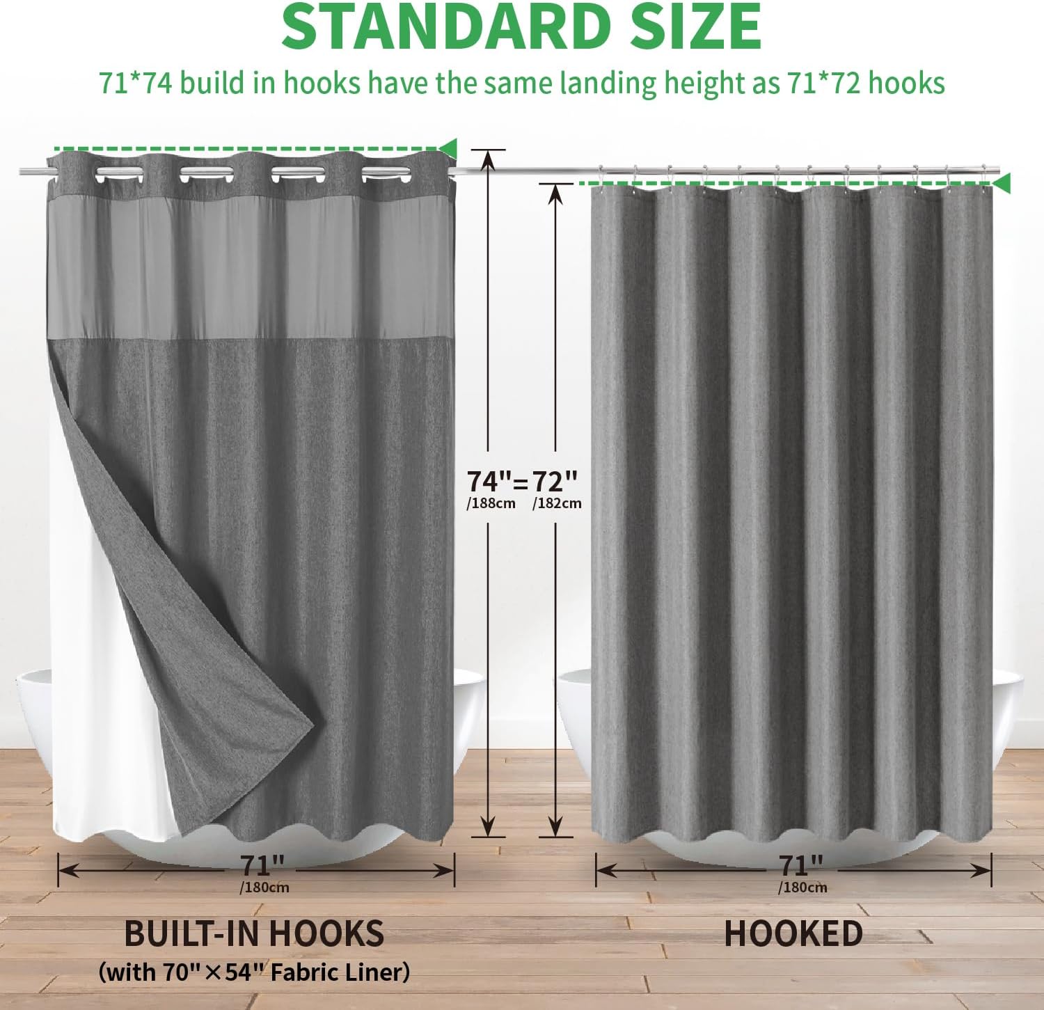 Linen Textured Shower Curtain Set with Snap-in Liner Charcoal Grey