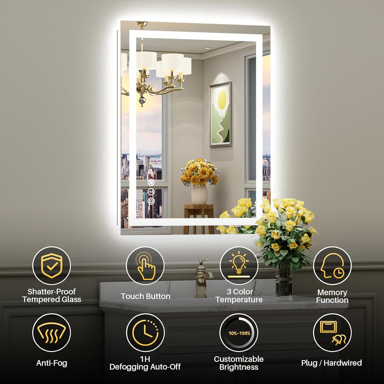 Briivue 36x32 LED Bathroom Mirror with Lights and Anti-Fog