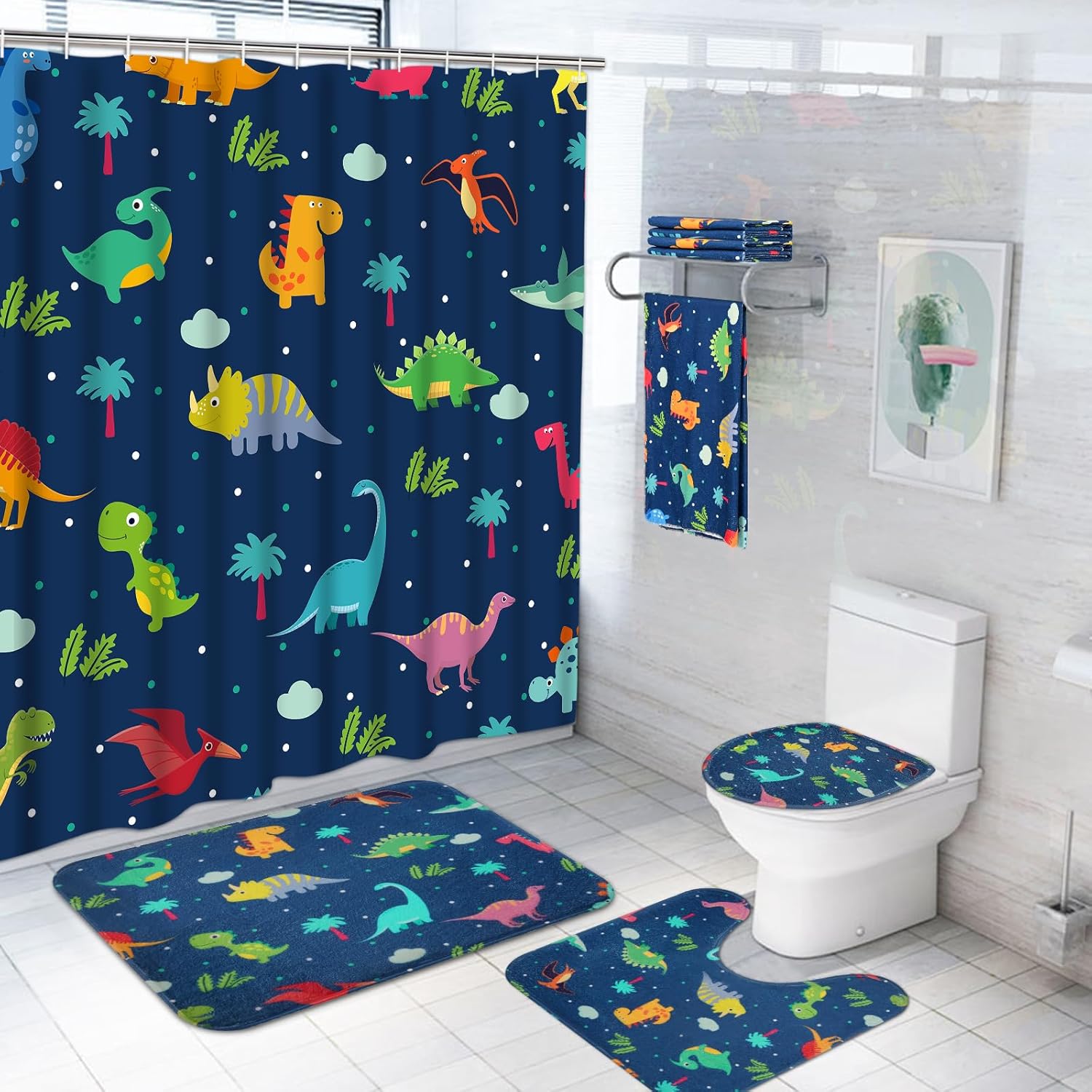 Ikfashoni 7 Pcs Dinosaur Bath Set with Non-Slip Rug and Towels