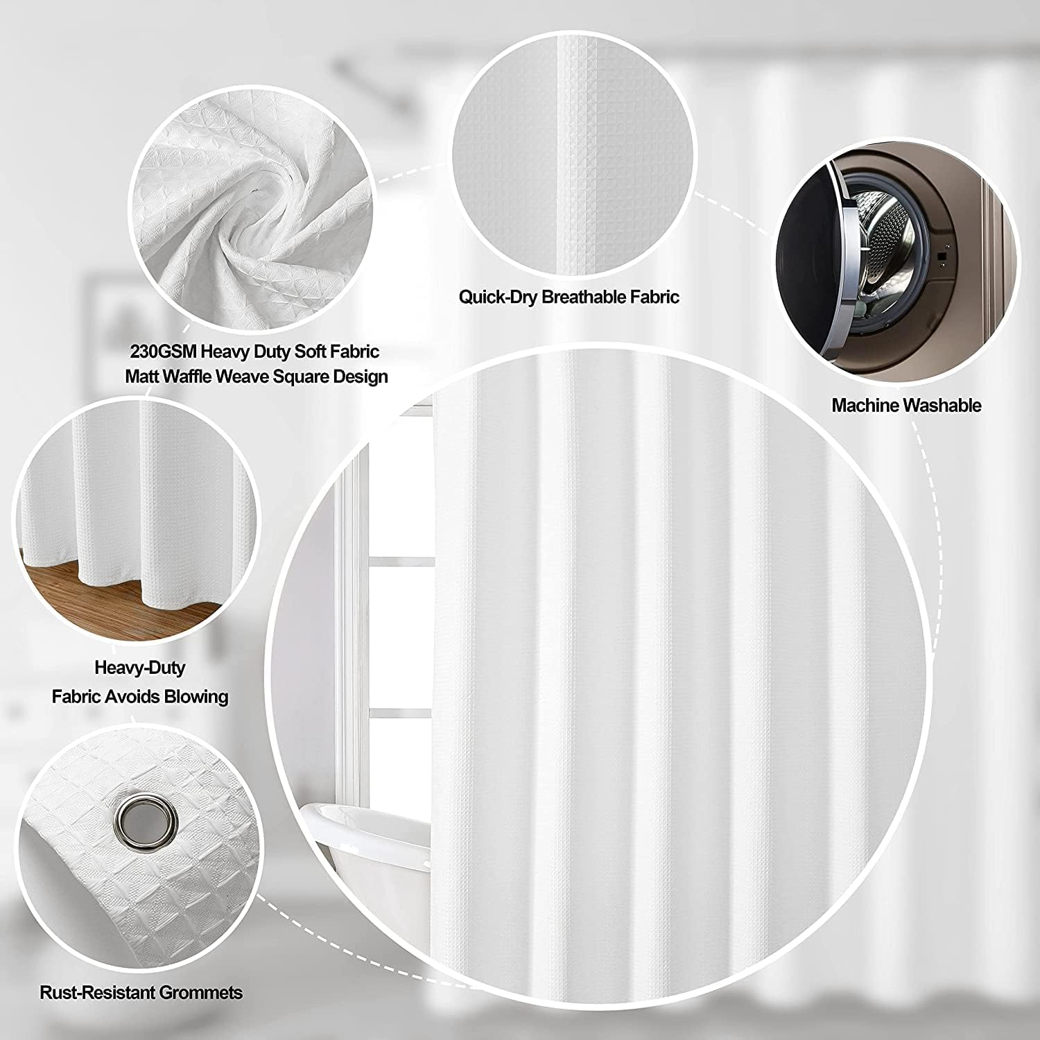 MISS SELECTEX Waterproof Waffle Shower Curtain 230 GSM Heavy Duty White