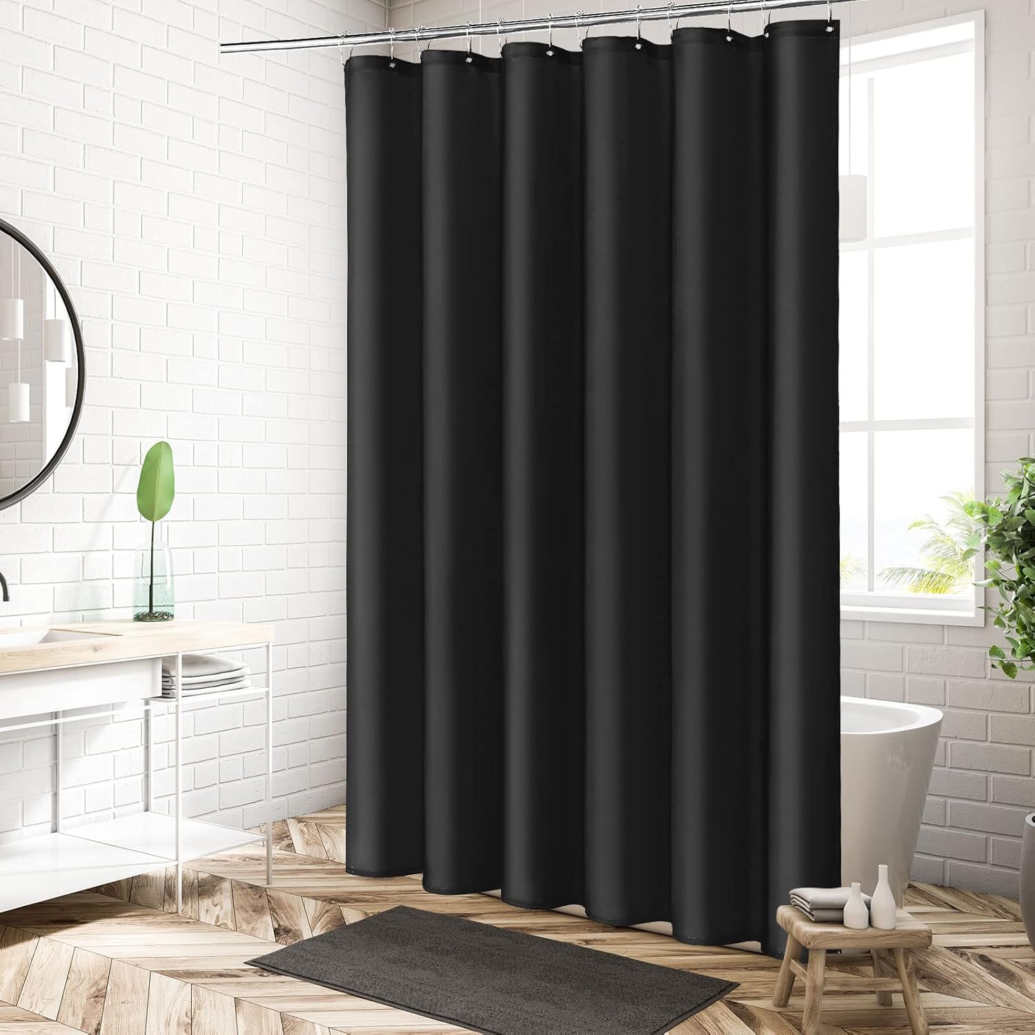 MitoVilla Black Fabric Shower Curtain Liner 72x72 Inches with 12 Plastic Hooks