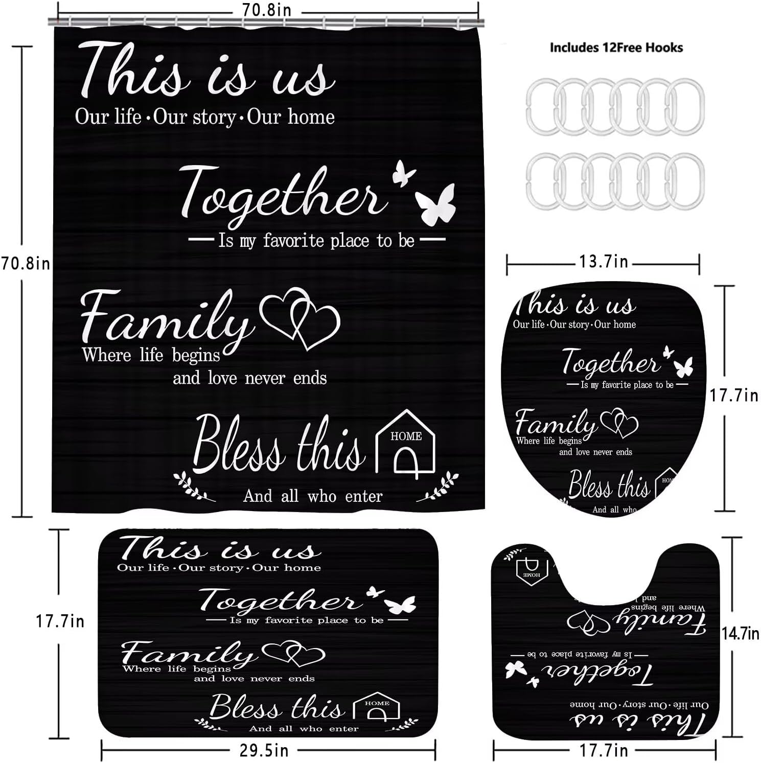AZHM Family Shower Curtain Set Black with Rugs and Hooks