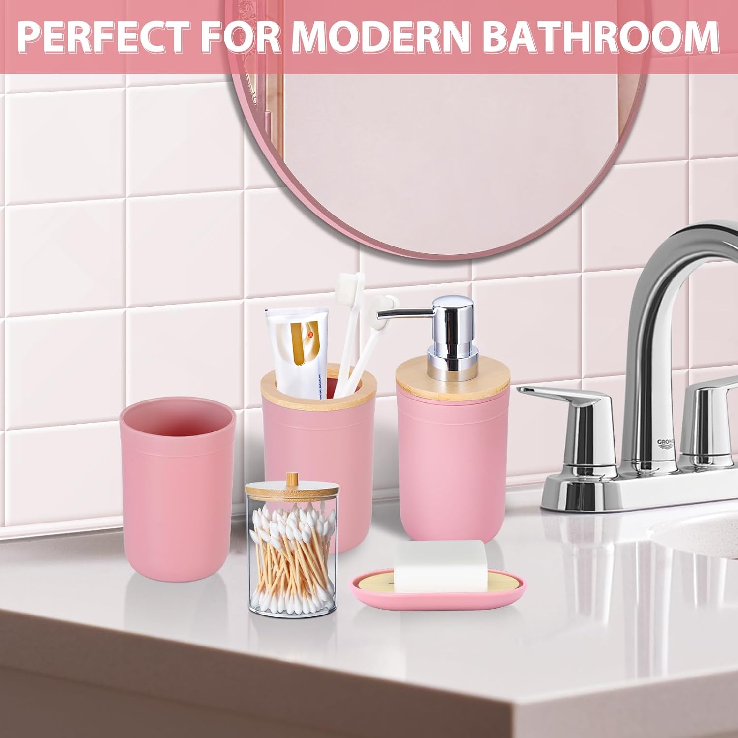 iMucci 5 Piece Bathroom Accessories Set with Pink Bamboo Cover