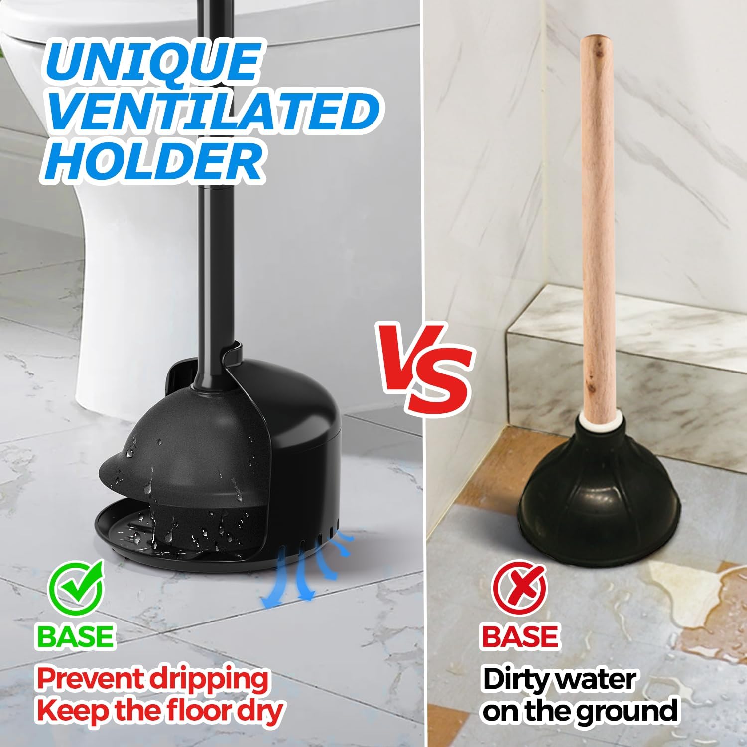 FORASTO Toilet Plunger with Holder - Black 19inch