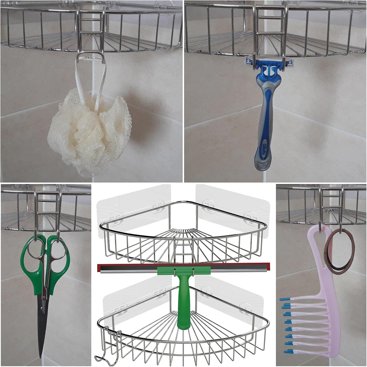 Shower Caddy With Hooks - 2 Pack Silver