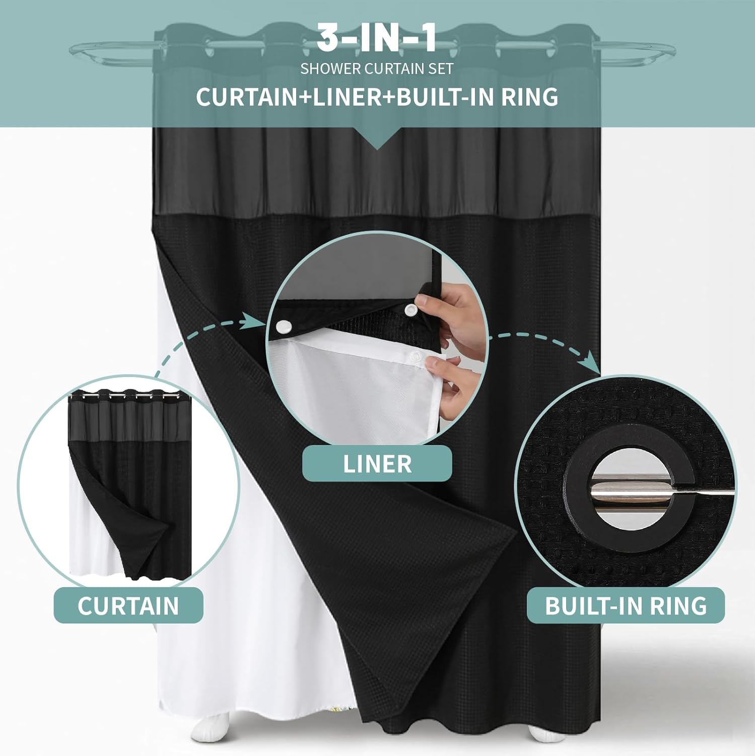 Black Waffle Wave Shower Curtain Liner Set