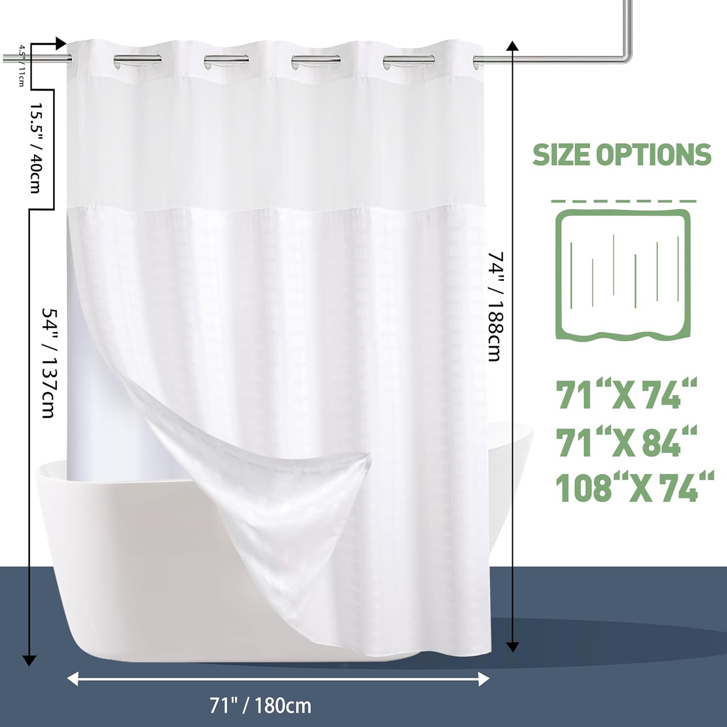 KONZENT Hotel Fabric Shower Curtain with Removable Liner