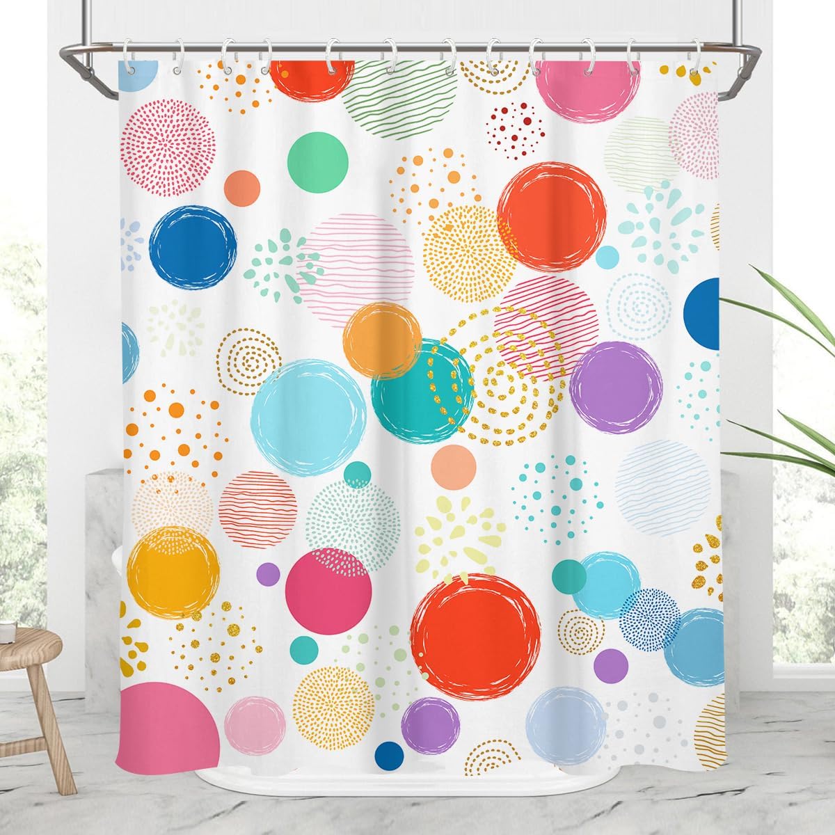 AAtter Kids Fun Polka Dot Shower Curtain with 12 Hooks 60x72