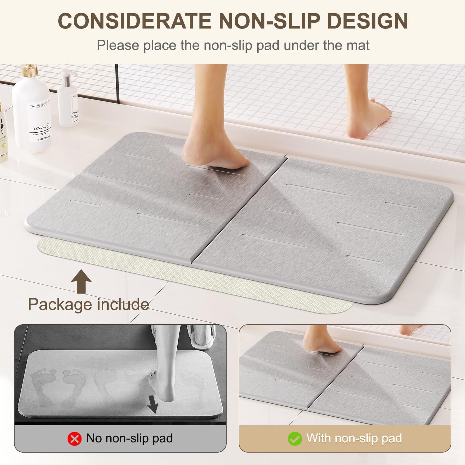 EnjoyNest Stone Bath Mat - Quick Drying Non-Slip 236x154 Inch Gray