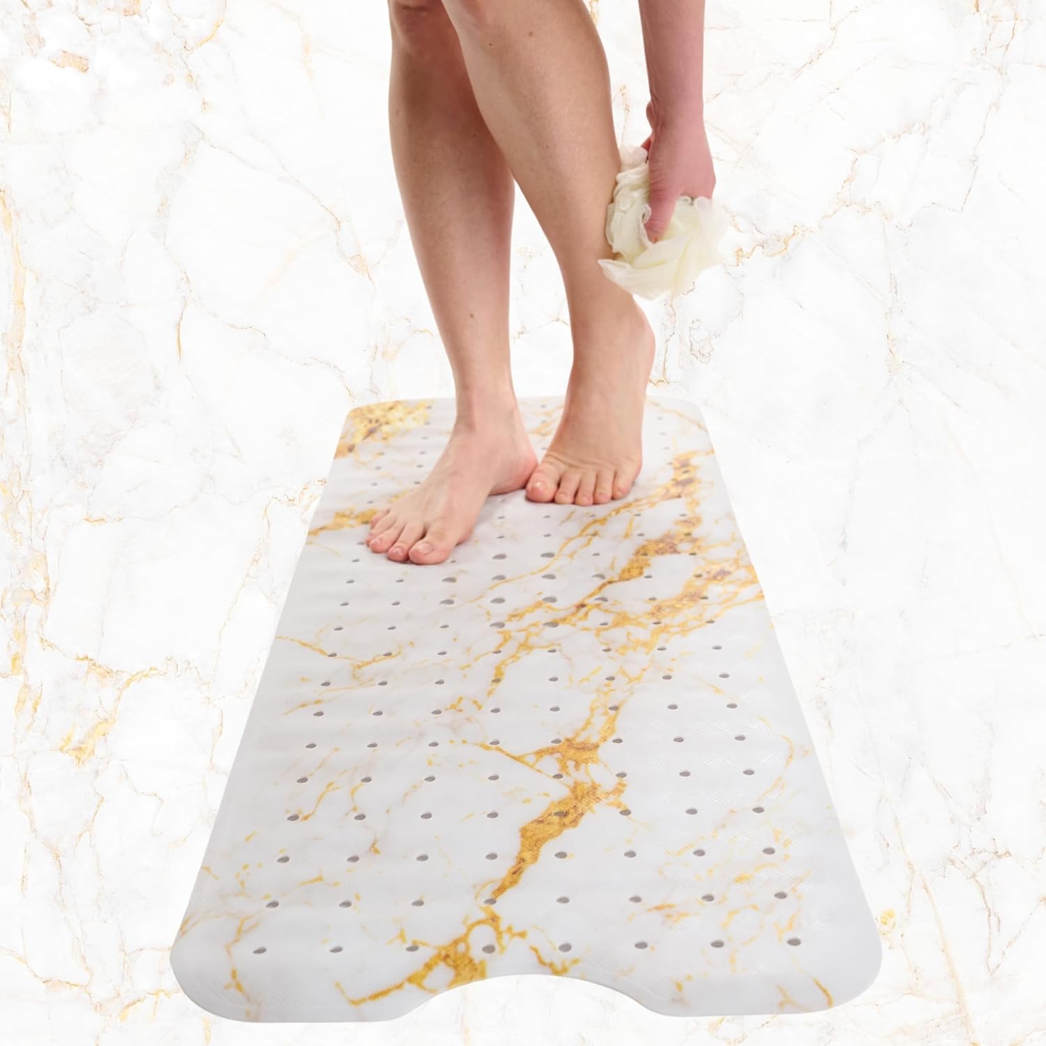 Non-Slip Bath Mat with Suction Cups - 40x16 Marble White Gold