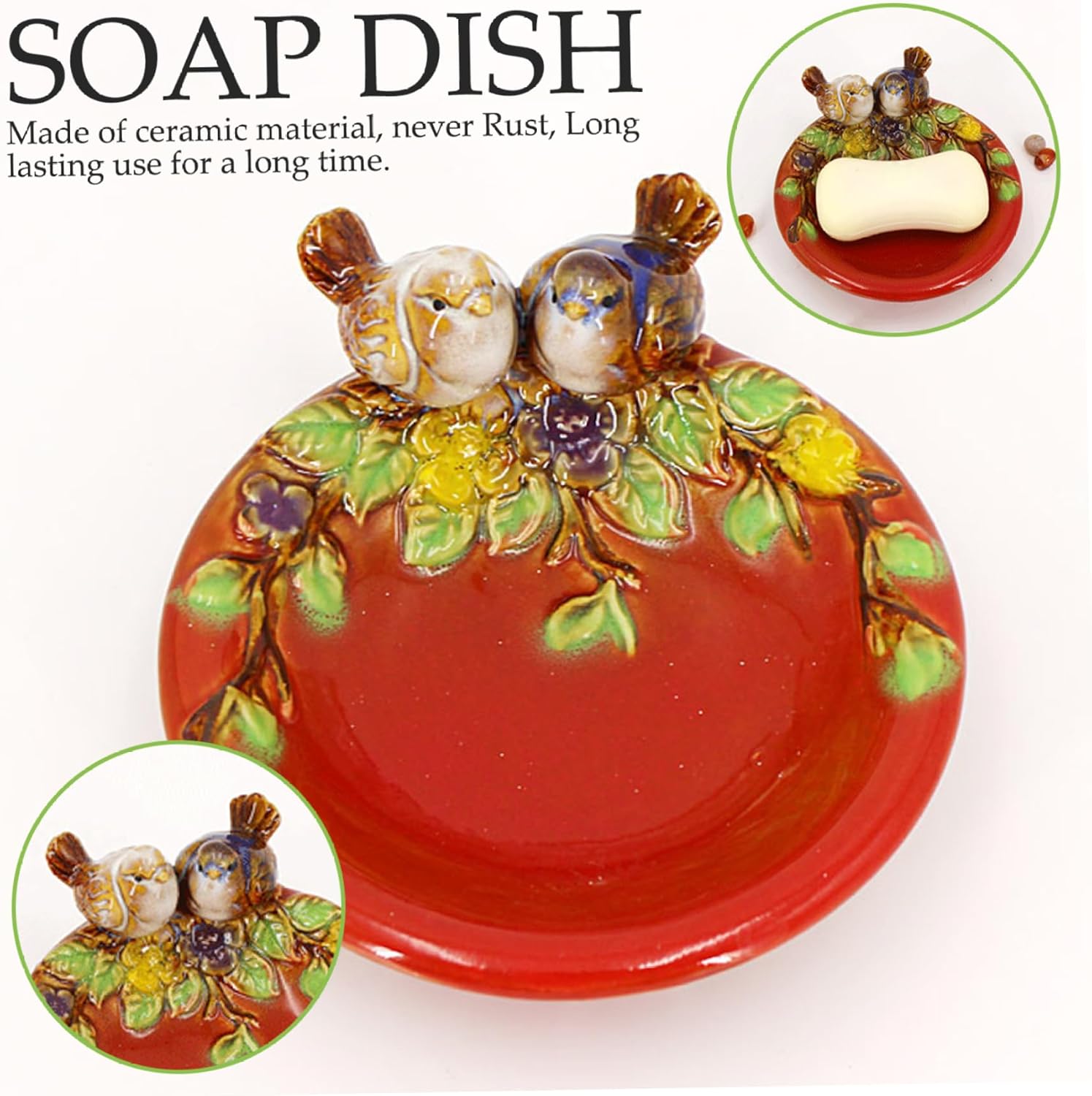 NASSMOSSE Bird Soap Dish Ceramic 5x5x3 Inch with Flower Leaf Pattern