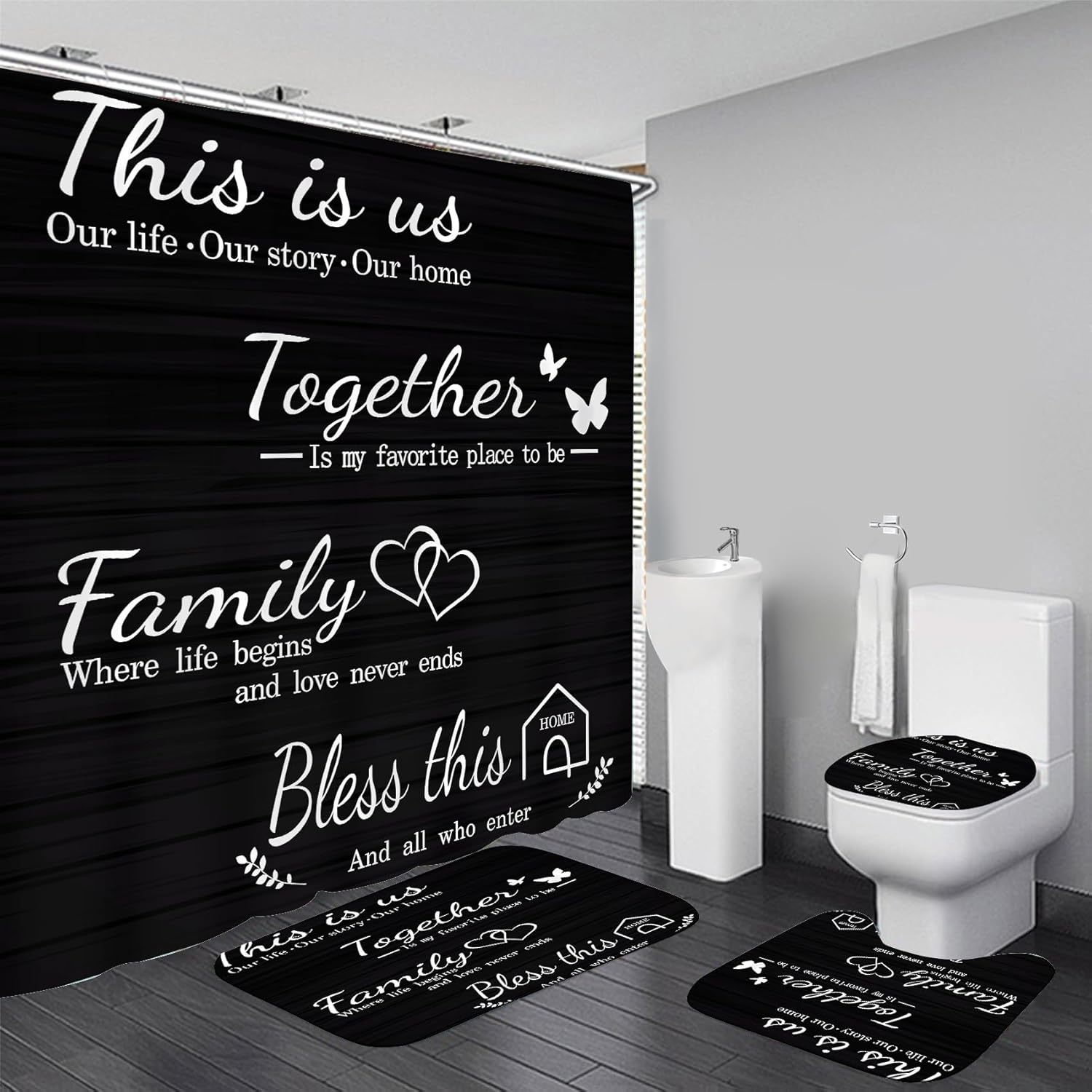 AZHM Family Shower Curtain Set Black with Rugs and Hooks