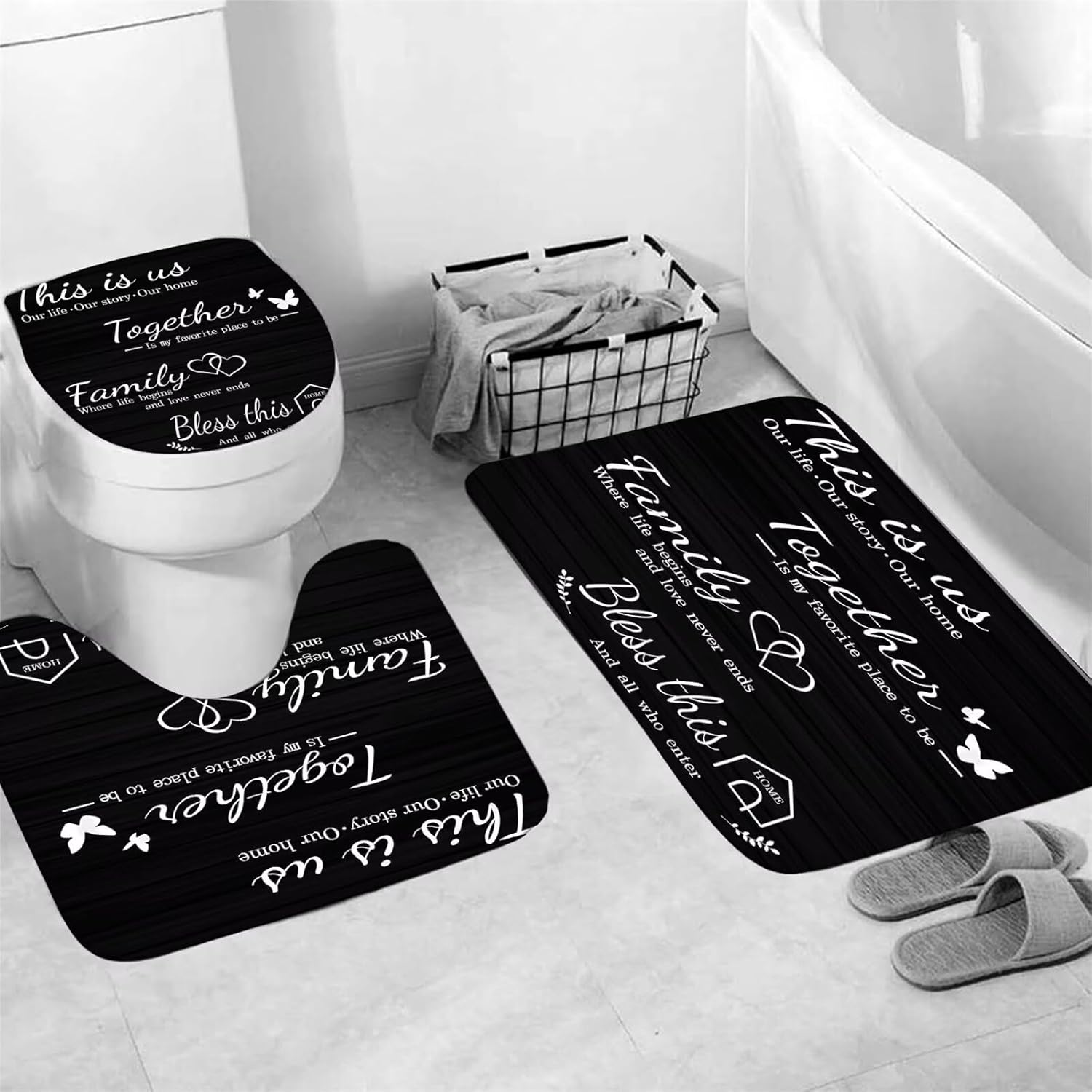 AZHM Family Shower Curtain Set Black with Rugs and Hooks
