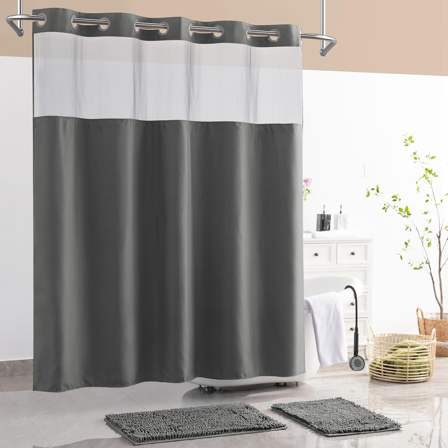 Barossa Design No Hook Shower Curtain Set with Rugs - Grey