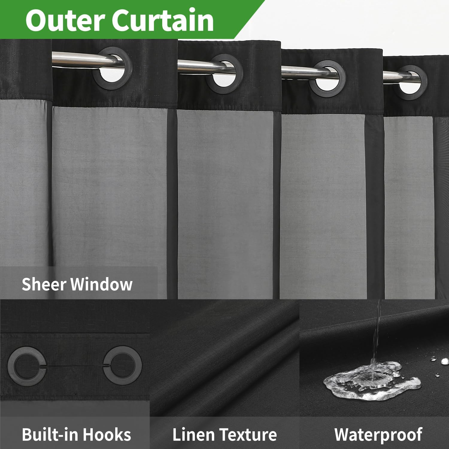 eachope Linen Textured Shower Curtain Set Black