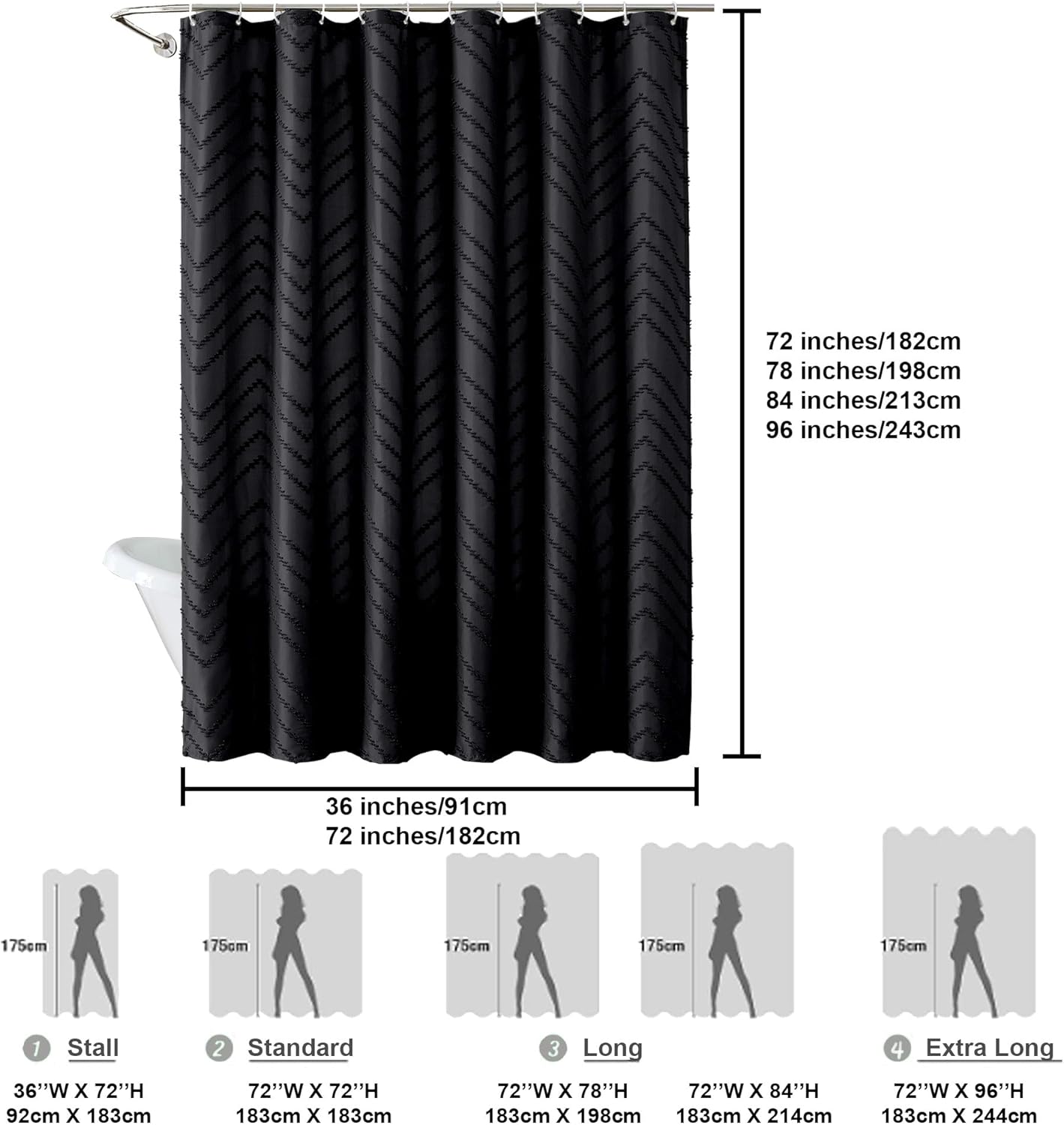Chevron Extra Long Black Boho Shower Curtain 72x96