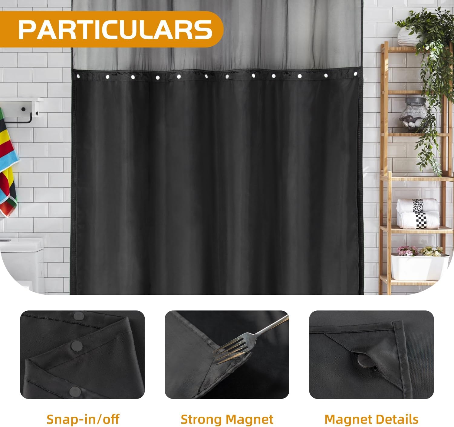 1 Pack Fabric Snap-In Shower Curtain Liner Replacement Black 70x54
