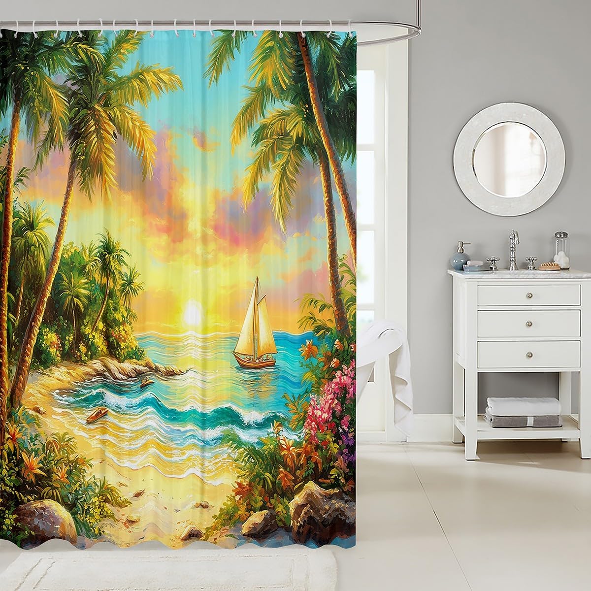Manfei Tropical Ocean Beach Shower Curtain Set with 12 Hooks 72x72