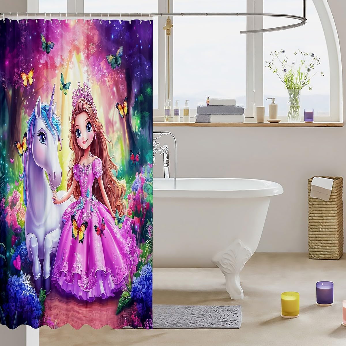 Manfei Kawaii Girl Unicorn Shower Curtain Set
