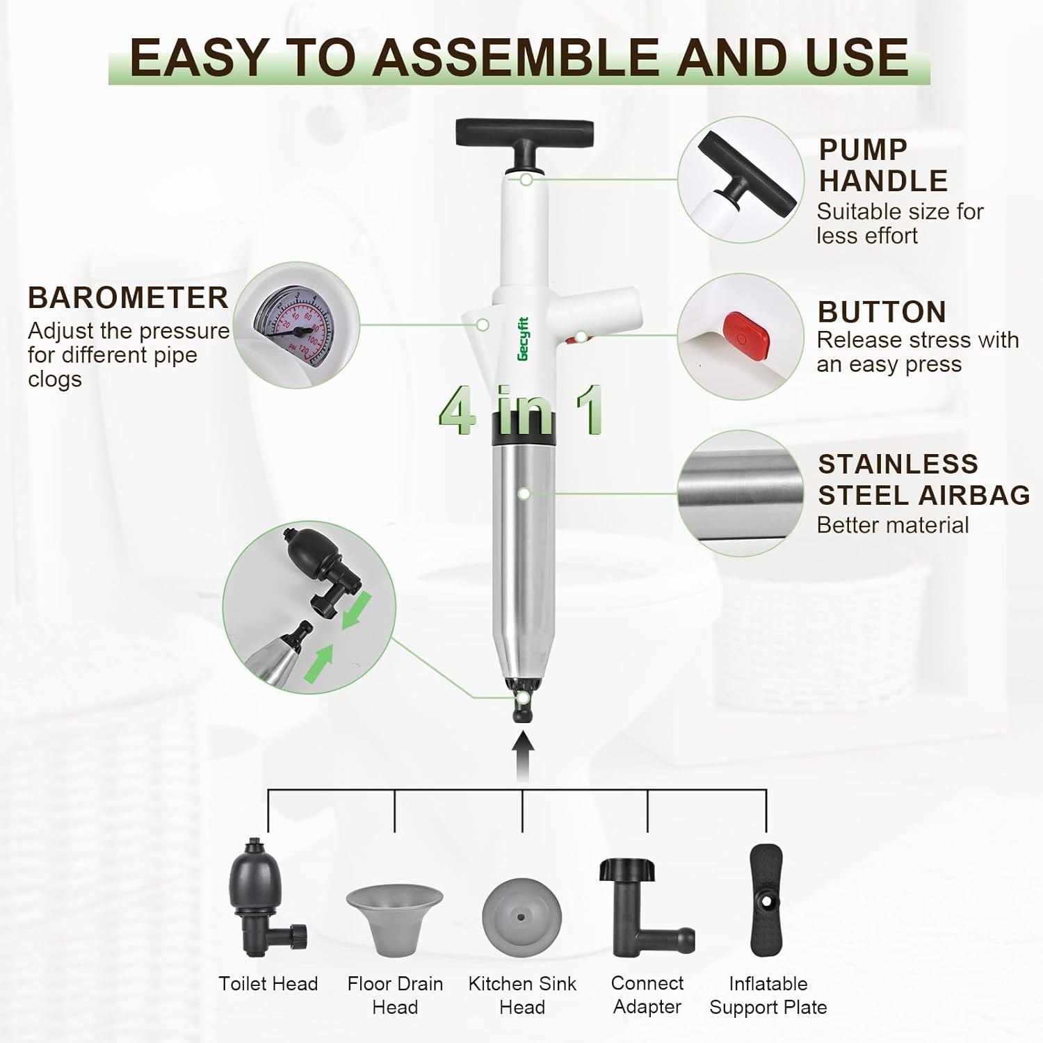 Gecyfit High Pressure Toilet Plunger with Multi-Function Heads 1