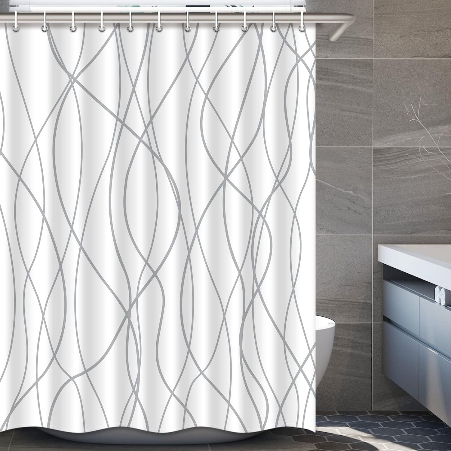 Punkray Grey White Striped Polyester Shower Curtain with Hooks