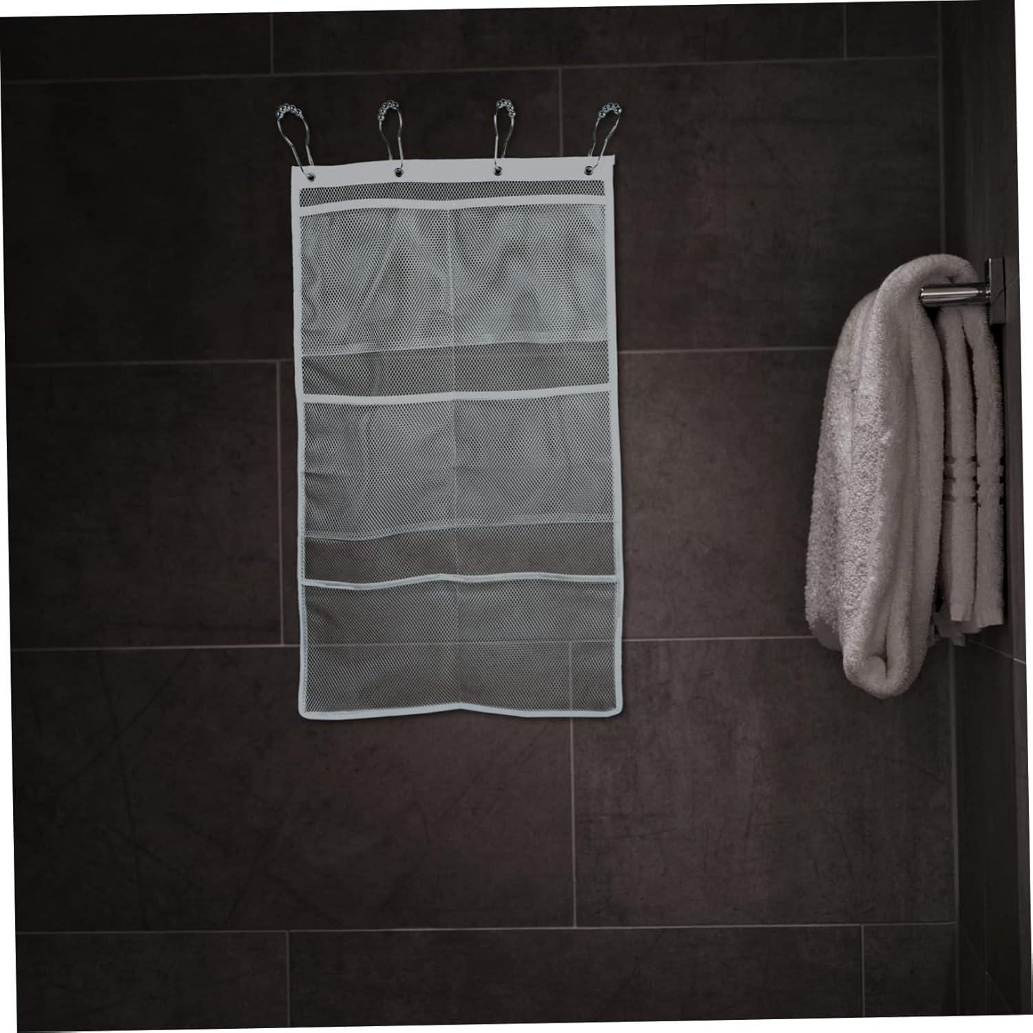 6 Pocket Mesh Bag Organizer Stainless Steel Hanging Shower Caddy