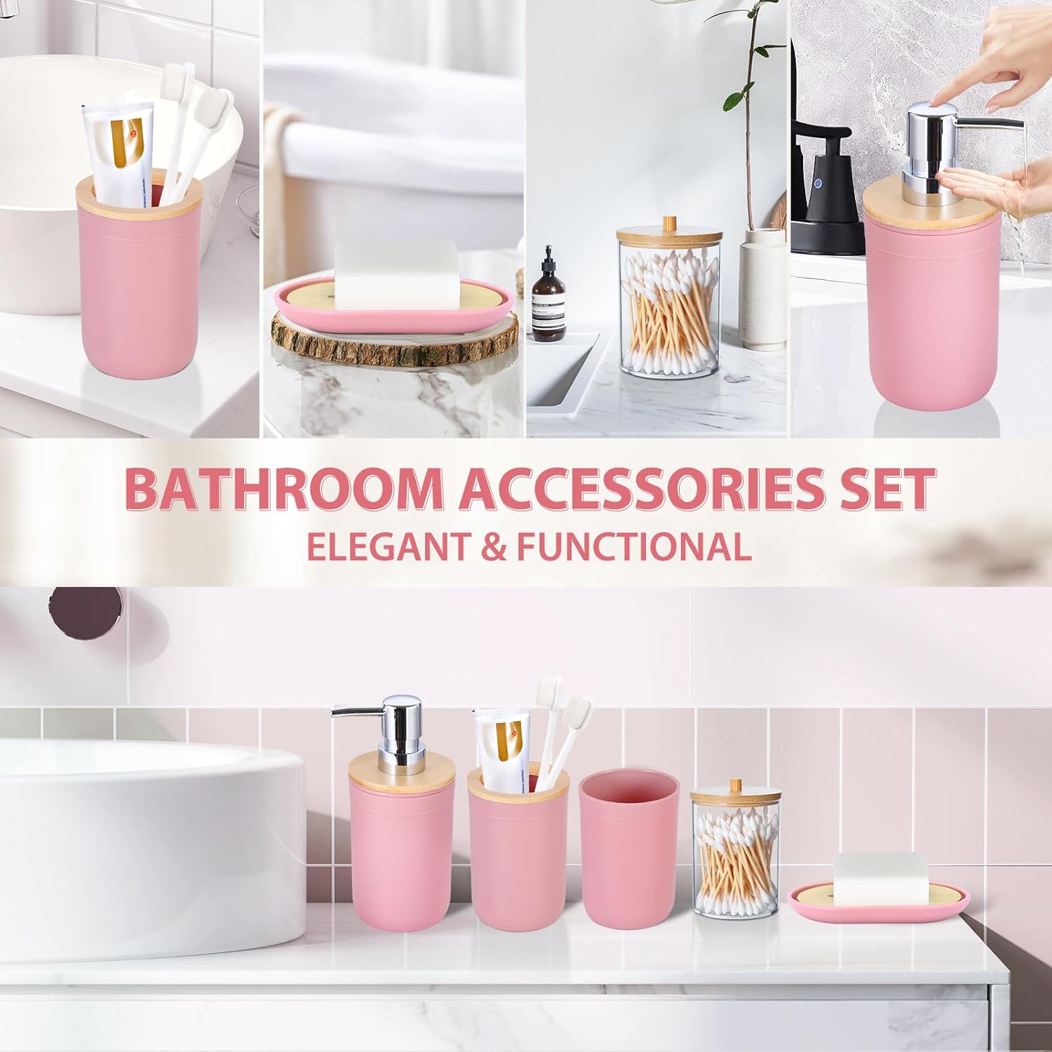 iMucci 5 Piece Bathroom Accessories Set with Pink Bamboo Cover