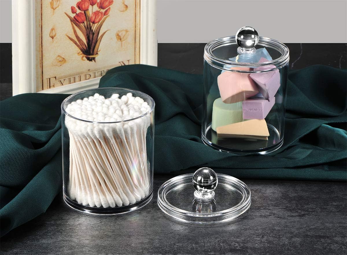 SheeChung 2 Pack Q-Tip Dispenser Clear Plastic Jars with Labels 1