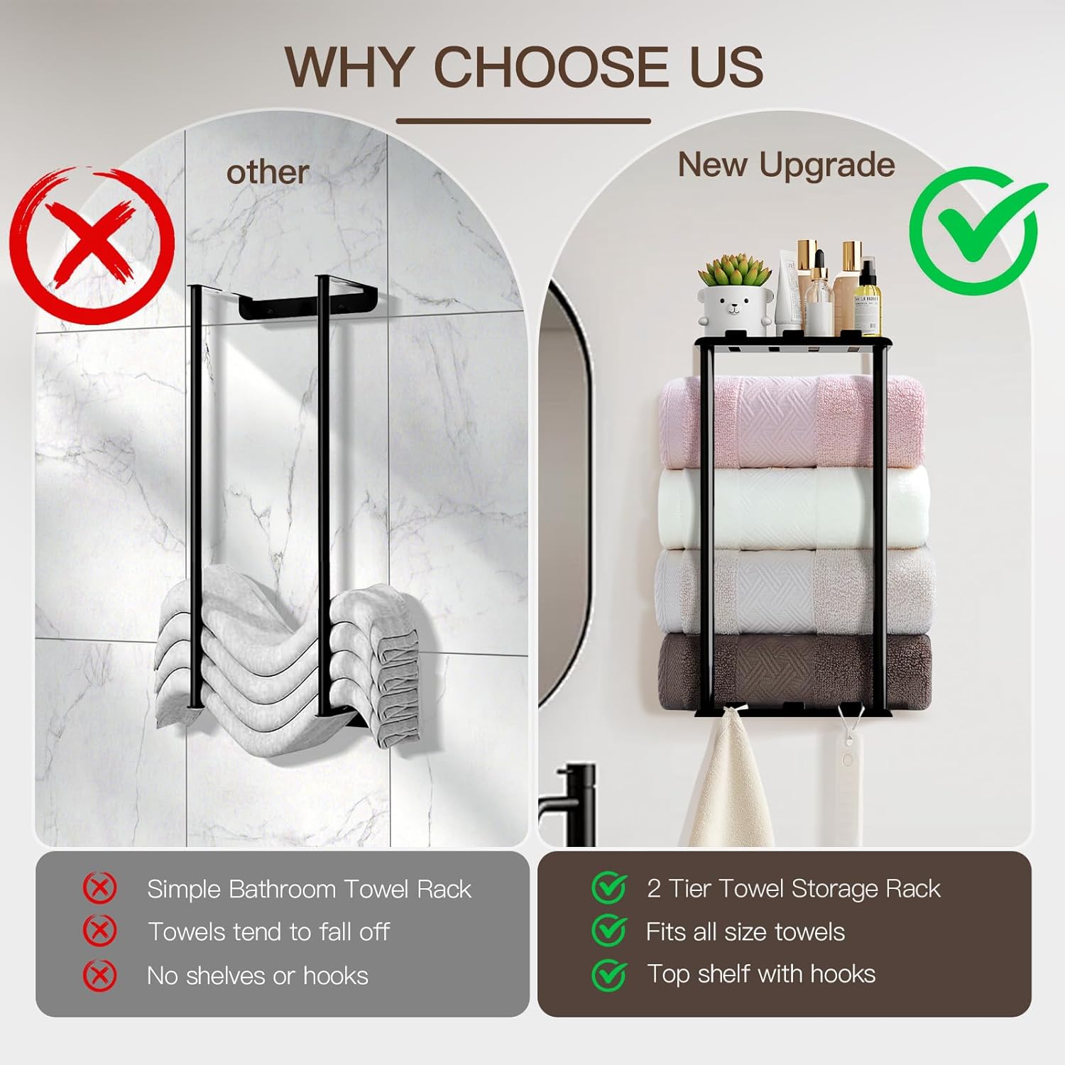 KISENG Towel Rack with Shelf 6 Hooks for Bathroom