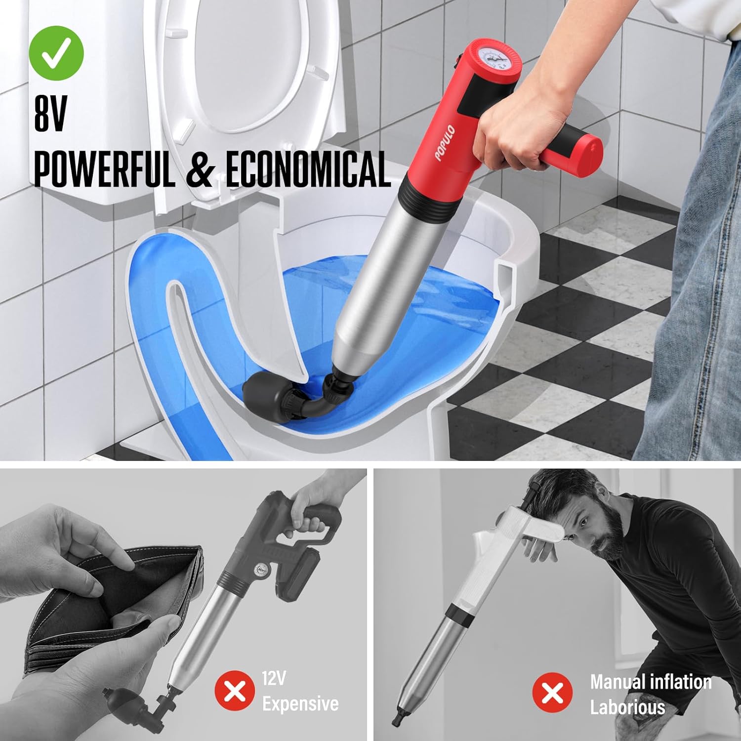 POPULO Ultimate Electric Toilet Plunger - Bendable Head Safe Design Eco-Friendly