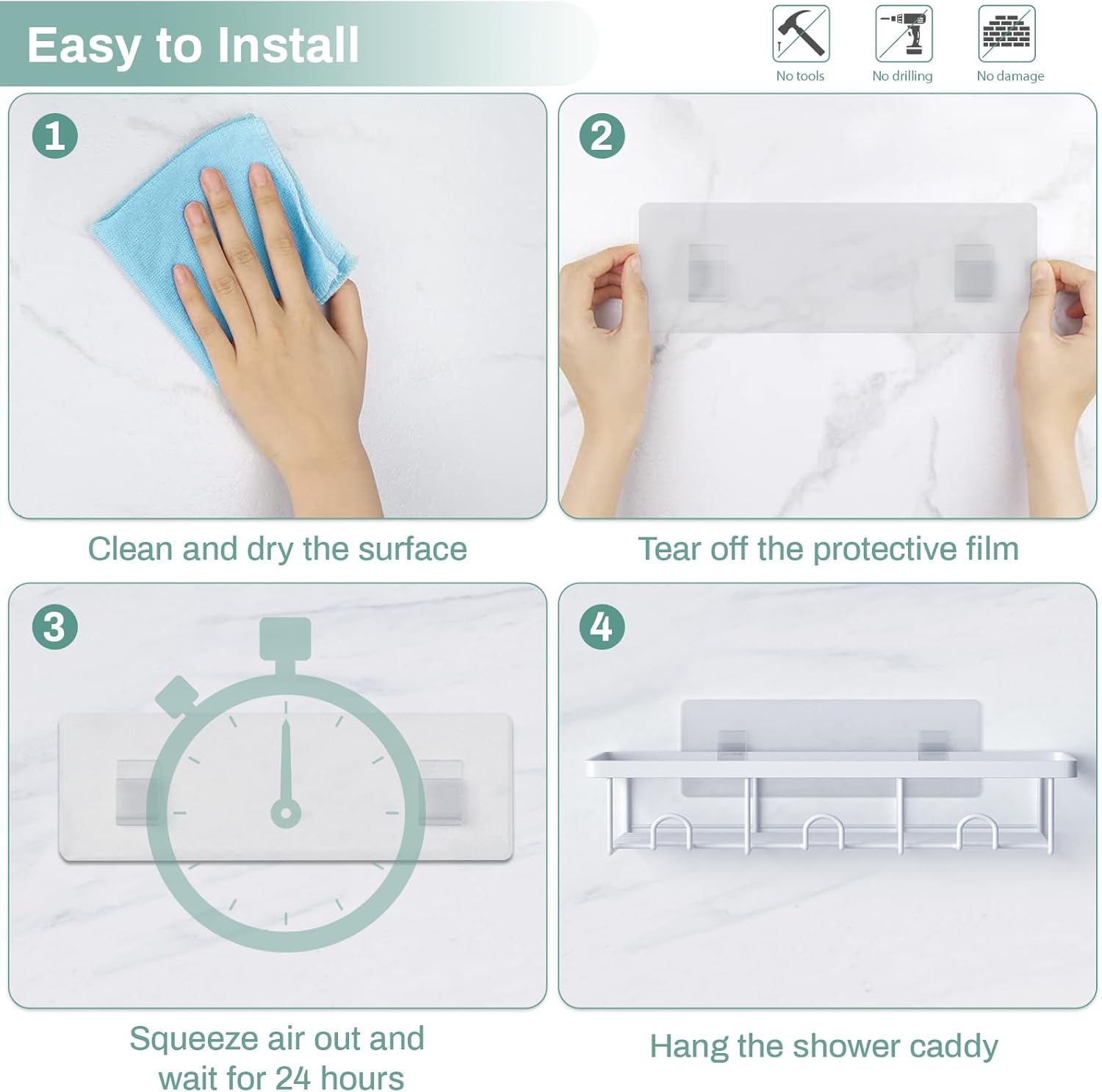 Oasiteege White Shower Caddy 2-Pack Adhesive Organizer