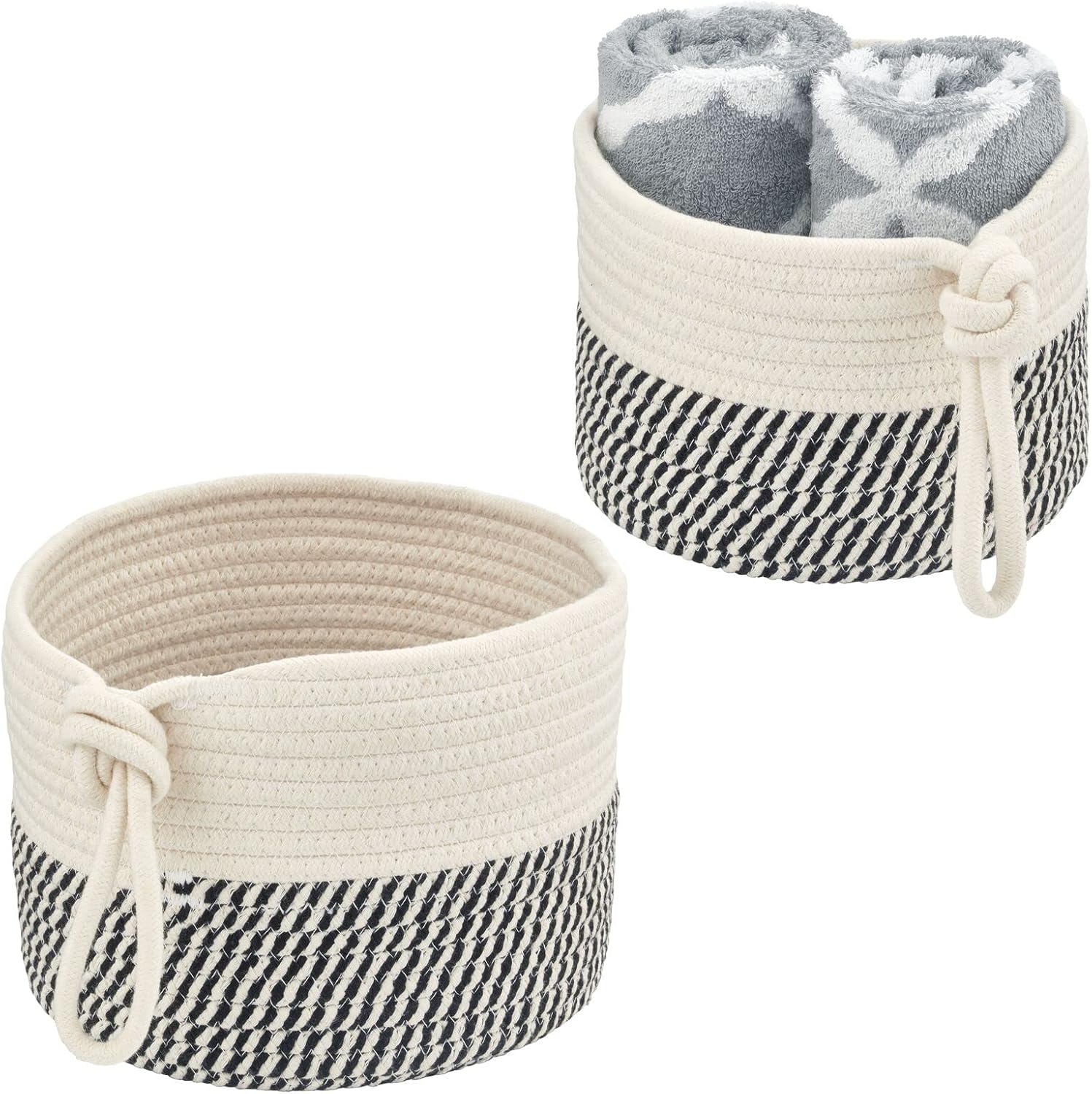 mDesign Casual Round Woven Cotton Rope Bathroom Basket Set - 2 Piece BlackWhite