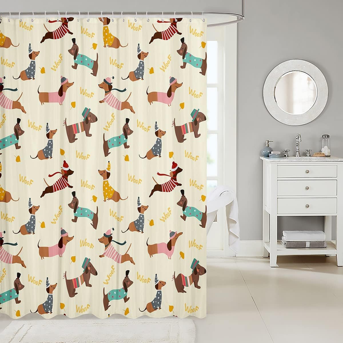 Feelyou Dachshund Bath Curtain 72x72 Kids Cute Puppy Shower Curtain Set