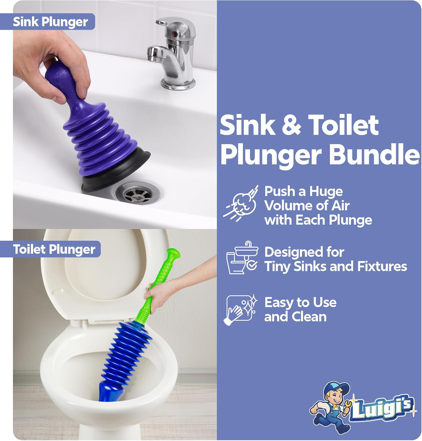 Luigis Heavy Duty Plunger Bundle for Bath and Kitchen