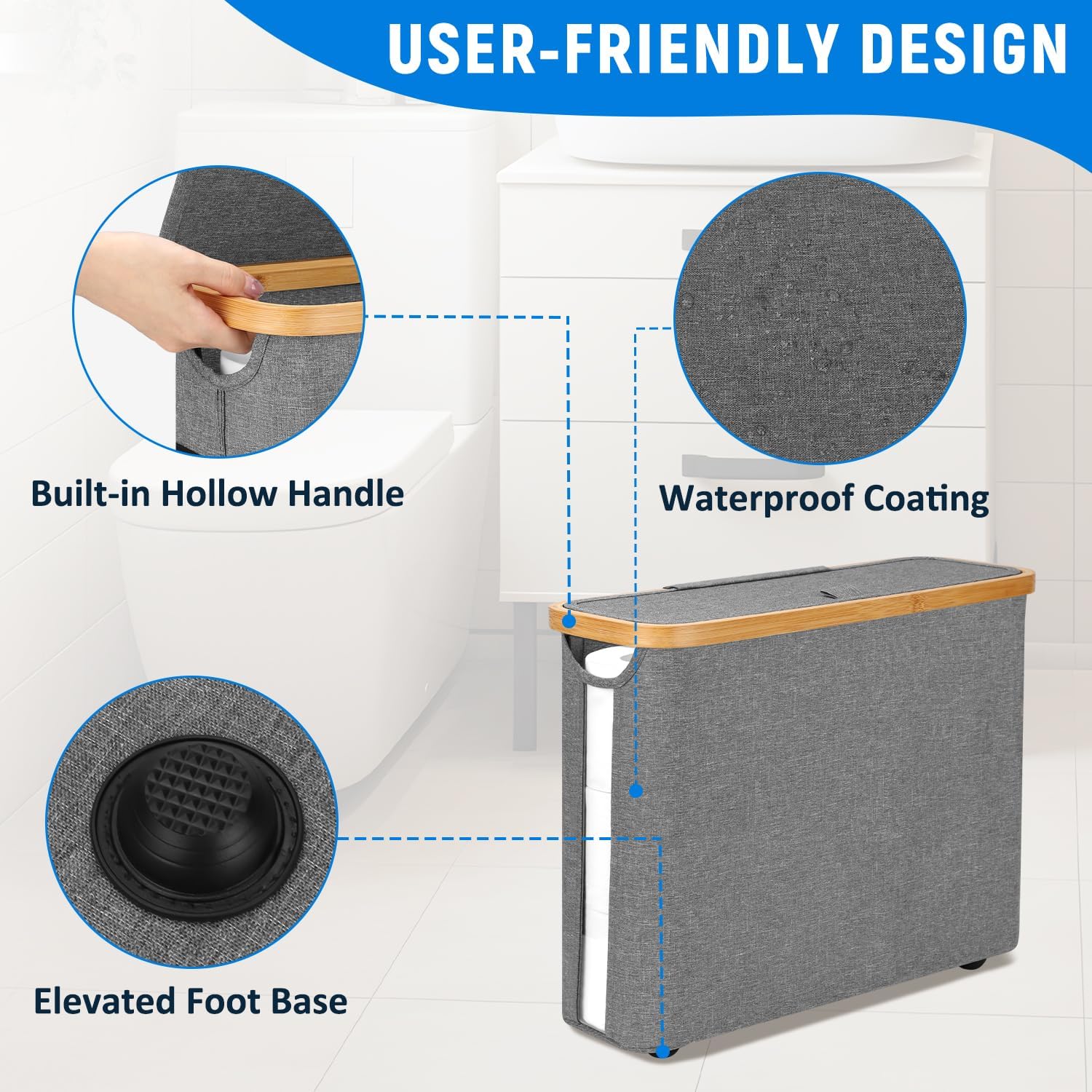 TACGEA Toilet Paper Storage Basket with Lid Gray