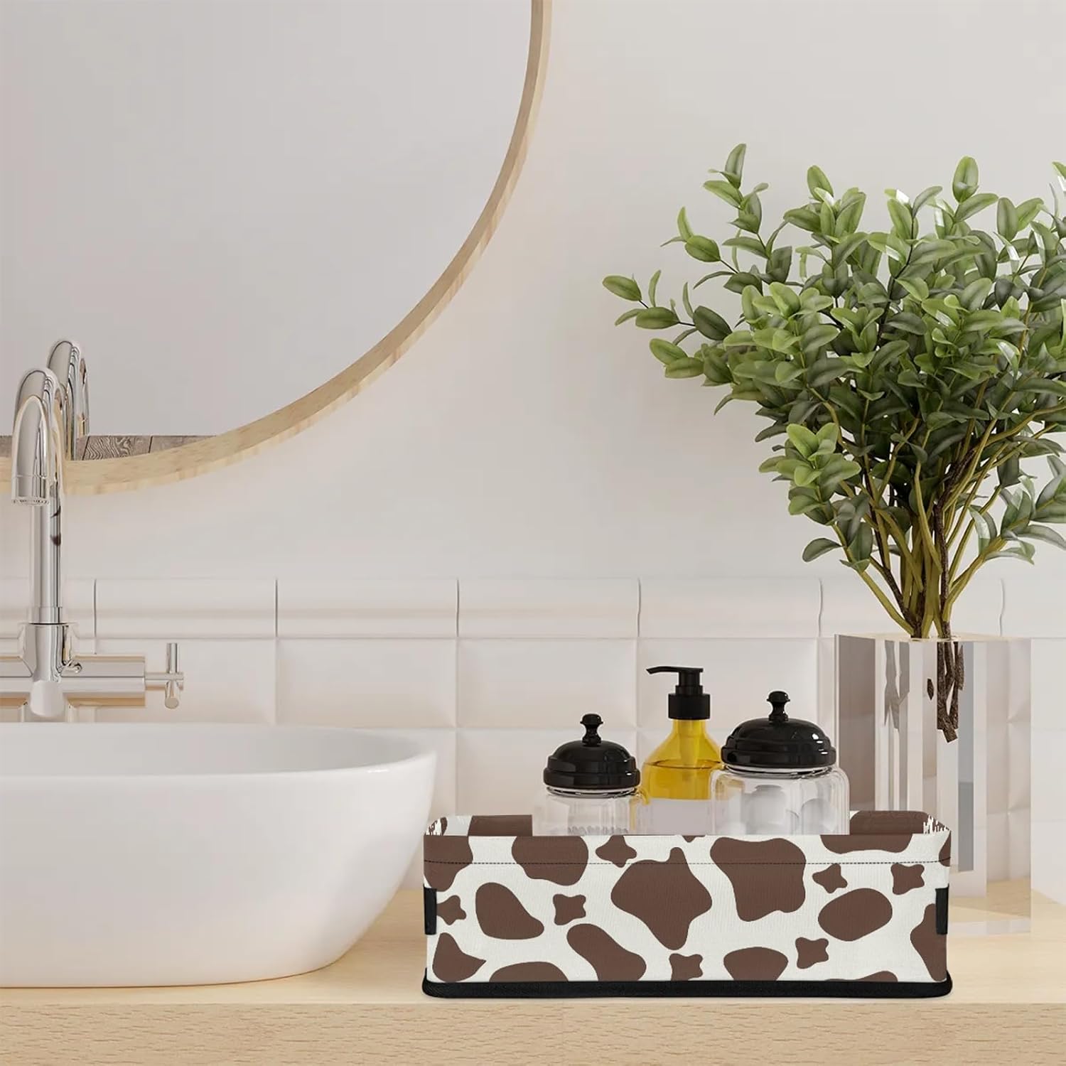 Cow Pattern Brown Bathroom Basket 2 Pack Foldable