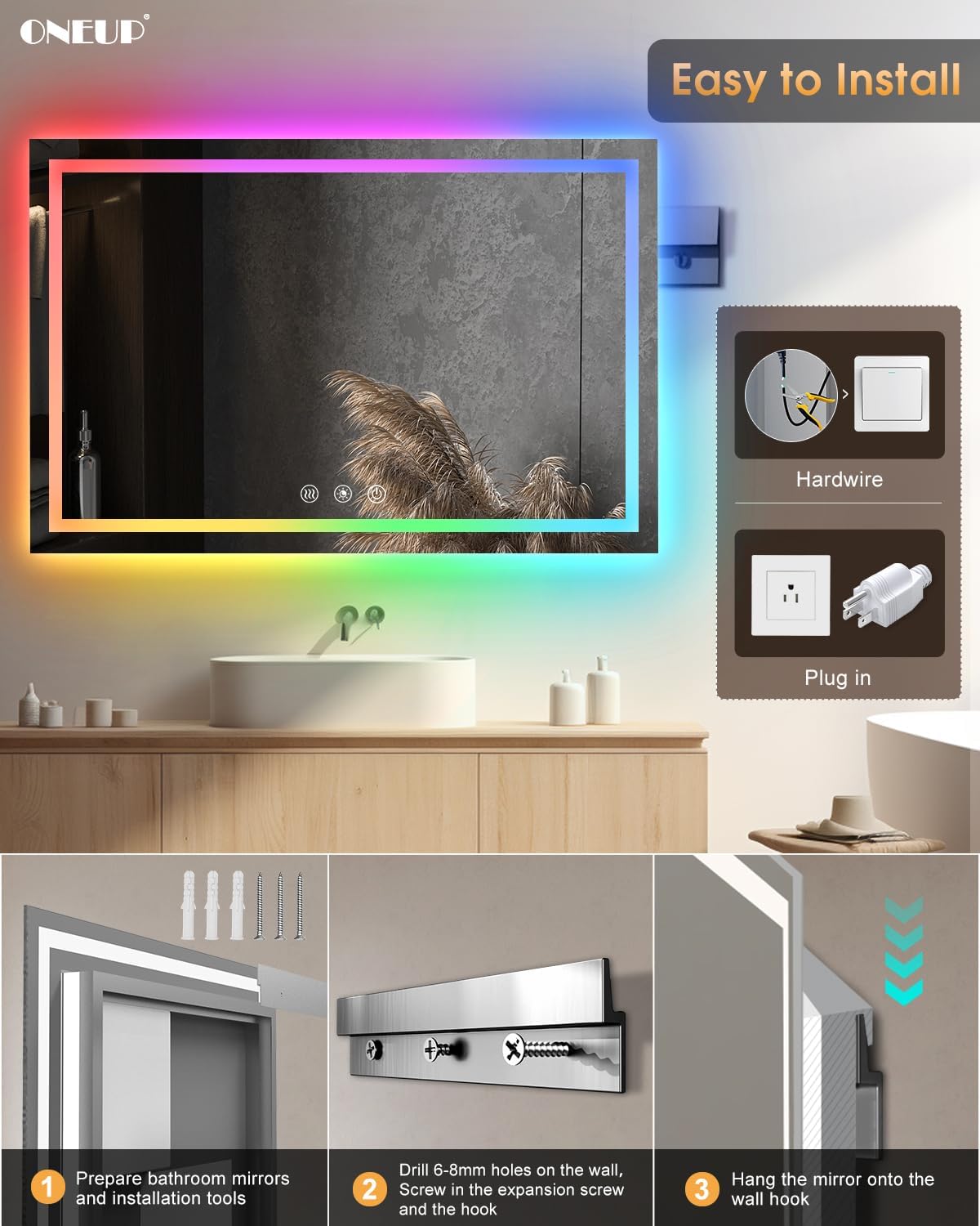Oneup 55x36 Inch RGB LED Bathroom Mirror with Lights 1