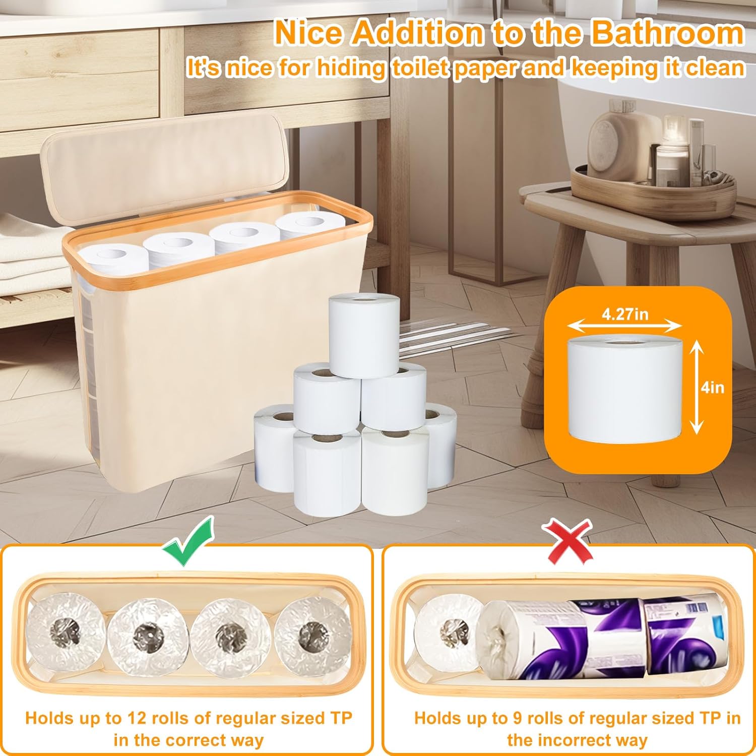 Tefola Toilet Paper Basket with Lid - 12 Roll Storage Container Beige