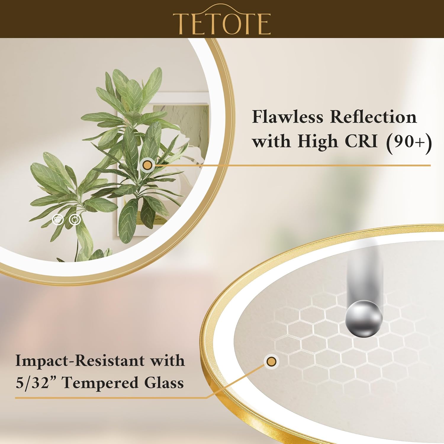 TETOTE 36 Inch Gold Round LED Mirror with Lights and Dimming