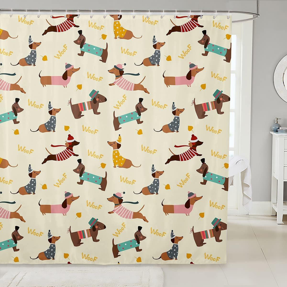 Feelyou Dachshund Bath Curtain 72x72 Kids Cute Puppy Shower Curtain Set