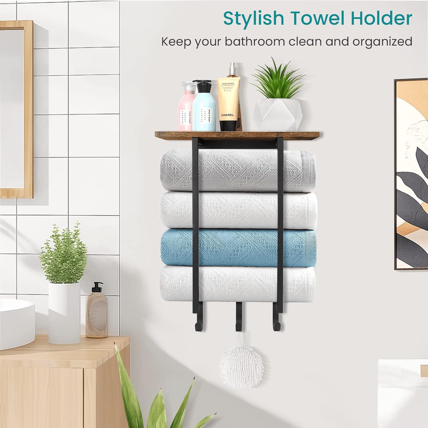 ELITEROO Towel Rack with Shelf and 3 Hooks